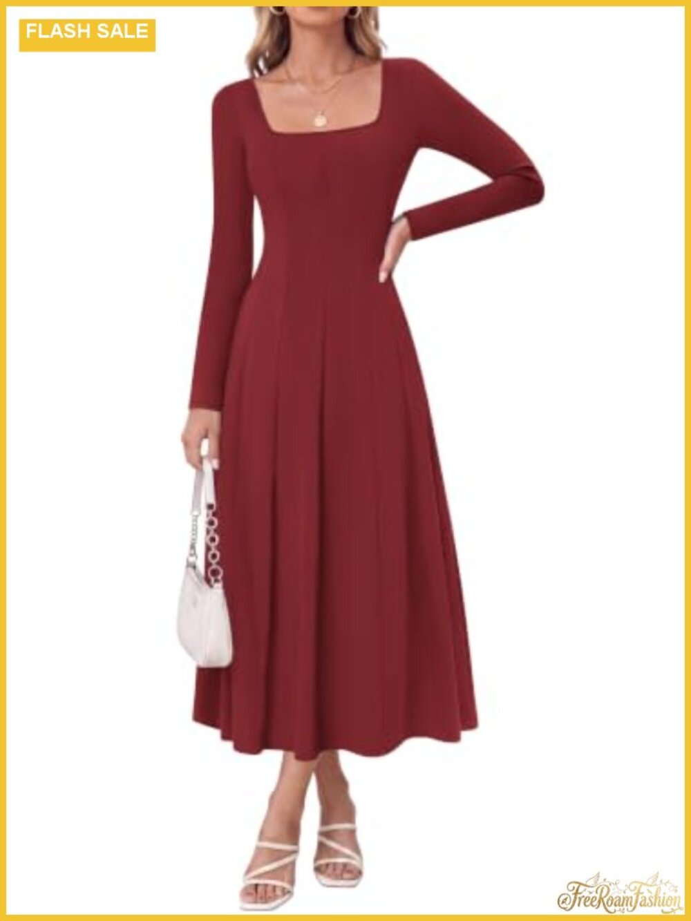 Cotton Midi Dress with Pockets Long Sleeve A-Line Fall Wedding Guest
